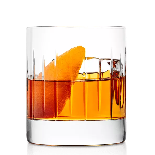 Old Fashioned cocktail made with Courvoisier VSOP cognac in an Old Fashioned glass garnished with an orange peel.