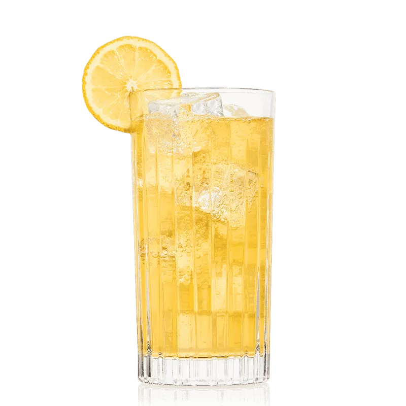 The Gala Cocktail in a highball glass garnished with a lemon wheel.