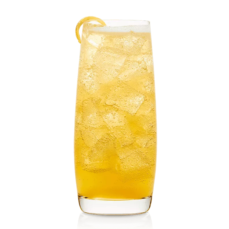 The French 75 cocktail in a Collins glass garnished with a pressed lemon peel.