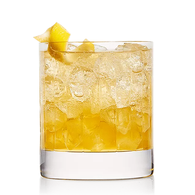 The French Twist drink in a Double Old Fashioned glass garnished with a lemon twist.