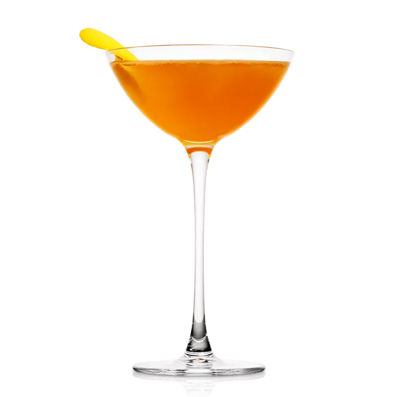 Sidecar cocktail made with VSOP cognac shaken and poured into a Croupe glass and garnished with a piece of citrus rind.