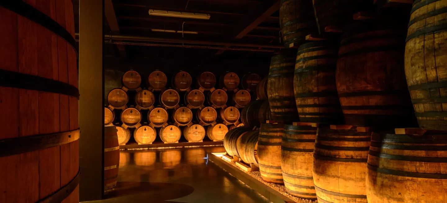 Cognac casks stacked that play a part in Courvoisier history. 